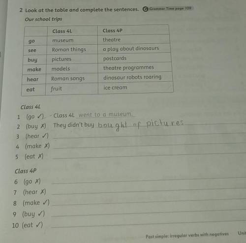 Class 4L 1 (go) Class 4L went to a museum.2 (buy x) They didn't buy3 (hear )4 (make x)5 (eat x)Class