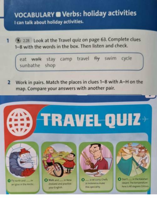 1 2.28 Look at the Travel quiz on page 63. Complete clues1-8 with the words in the box. Then listen