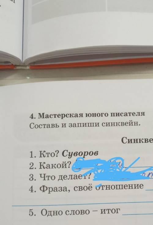 4. Мастерская юного писателя Составь и запиши синквейн.Синквейн1. Кто? Суворов2. Какой? 3. Что делае