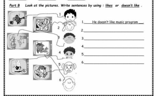 Part 8 Look at the pictures. Write sentences by using : likes or doesn't likeHe doesn't like music