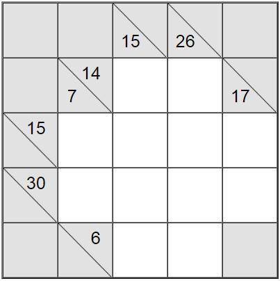 Разгадайте какуро: запишите в белые клетки числа от 1 до 9 включительно, правое верхнее значение озн