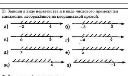 1) Запиши в виде неравенства и в виде числового промежутка множество, изображённое на координатной п