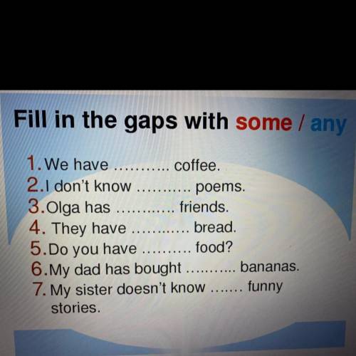 Fill in the gaps with some / any 1. We have coffee. 2.I don't know poems. 3. Olga has friends. 4. T