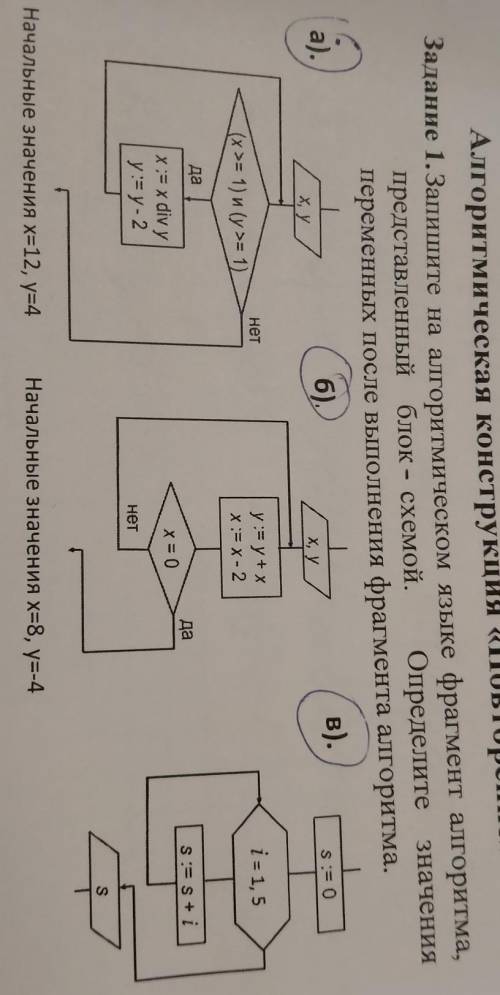 Адание 1.Запишите на алгоритмическом языке фрагмент алгоритма, представленный блок - схемой. Определ