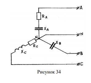 Три группы сопротивлений соединили «звездой» с нулевым проводом и включили в трёхфазную сеть с линей