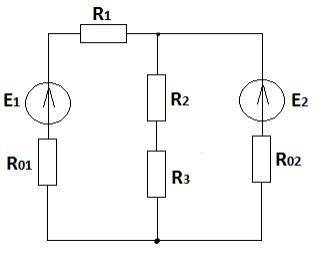 Определить токи во всех ветвях цепи, если даны ЭДС источников Е1 и Е2, внутренние сопротивления R01