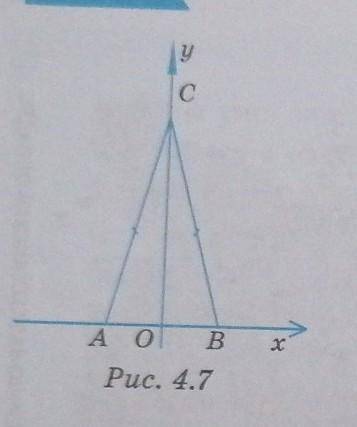 В равнобедренном треугольнике ABC, изобра- женном на рис. 4.7, AB = 2а, 0C= h. Чему равны координаты