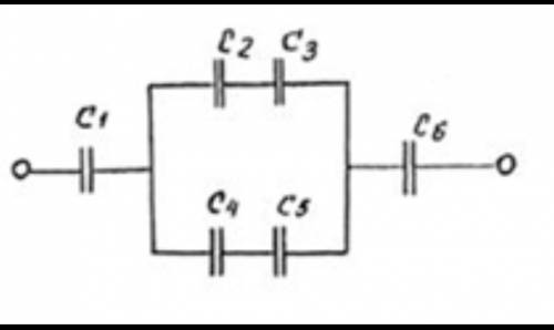 Знайти еквівалентну електроємність батареї зображену на малюнку. С1=10 мкФ; С2=20 мкФ; С3=30мкФ; С4=