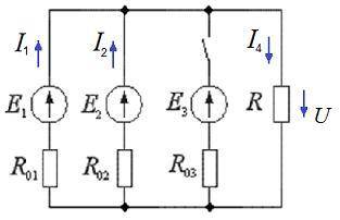 Рассчитайте напряжение U на участке цепи, где: a) один источник работаетб) два источника работаютв)