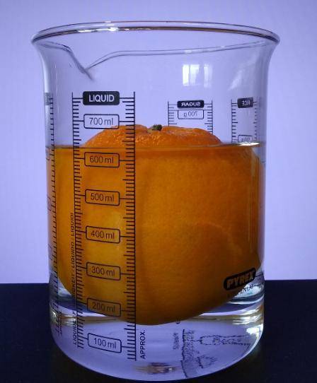 В мерный стакан с водой (см. фото 1) был помещён апельсин (см. фото 2), а затем апельсин с зубочистк
