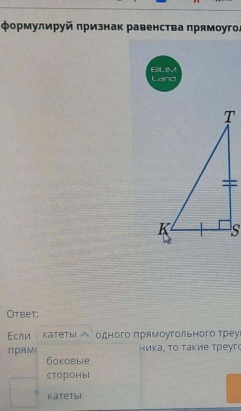 Сформулируйте признак равенства прямоугольных треугольников используя рисунок ниже. Если боковые сто