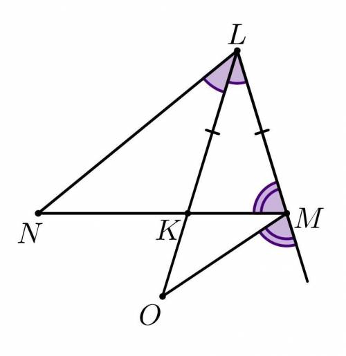 На рисунке справа KL = LM и равны углы, отмеченные одинаково. Укажите равные треугольники. Обоснуйте