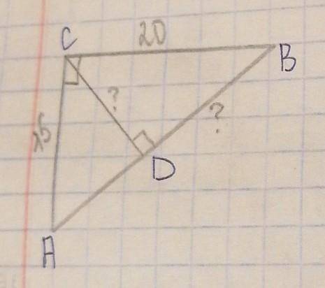Дано:треуг. ABC - прямоугольный. CD - высота. CB = 20, AC = 15найти:BD, CD​