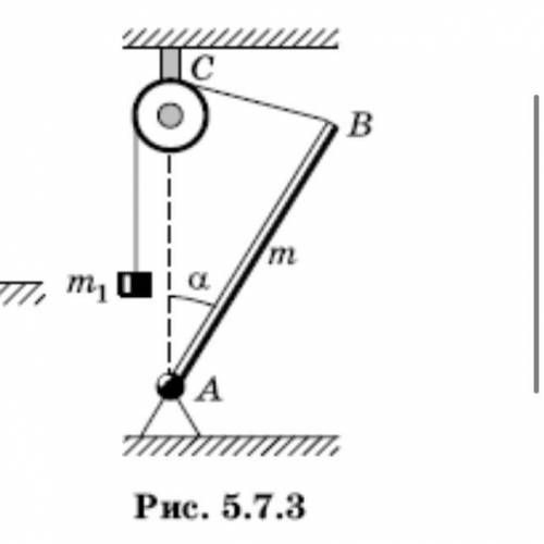 Стержень АВ массой m = 10 кг прикреплен к неподвижной опоре шарниром А и может вращаться в вертикаль