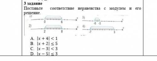 3 задание Поставьте соответствие неравенства с модулем и его решение. |x+4|<1 |x+2|≤5 |x-3|<3