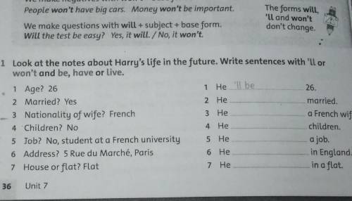 1 Look at the notes about Harry's life in the future. W won't and be, have or live.1 Age? 261 Не2 Ma