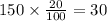 150 \times \frac{20}{100} = 30