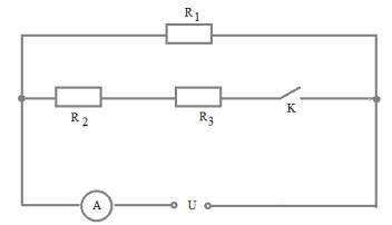 На рисунке показана электрическая схема, состоящая из источника постоянного напряжения U, амперметра