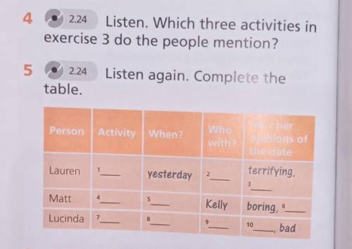 4) 2.24 Listen. Which three activities inexercise 3 do the people mention?5) 2.24Listen again. Compl