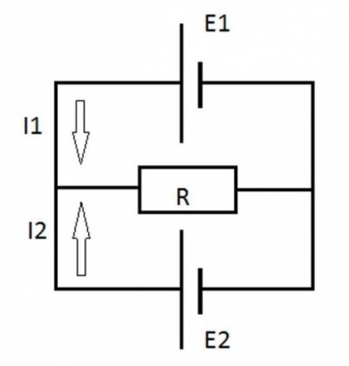 Два джерела живлення E1 = 2В і E2 = 1В з'єднані за схемою (рис). Опір R = 5 Ом. Внутрішній опір джер