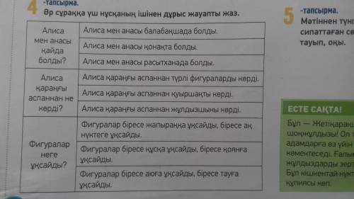 4-тапсырма.Əр сұраққа үш нұсқаның ішінен дұрыс жауапты жаз.Алиса мен анасы қайда болды?