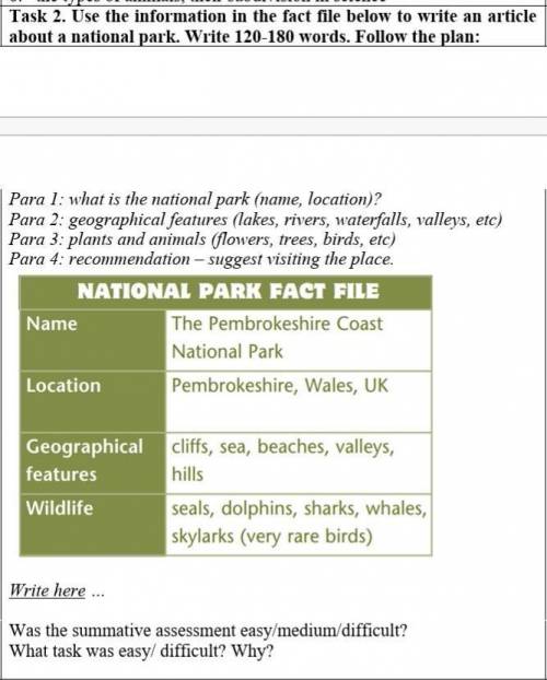 Task 2. Use the information in the fact file below to write an article about a national park. Write