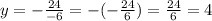 y = - \frac{24}{ - 6} = - ( - \frac{24 }{6} ) = \frac{24}{6} = 4