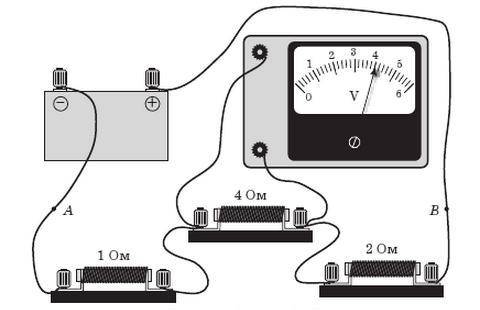 Під час виконання досліду учень склав електричне коло. Чому дорівнює напруга на резисторі 2 Ом? (Во