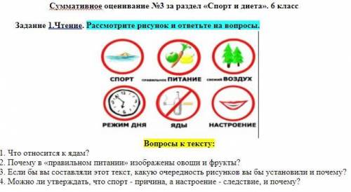 Вопросы к тексту: 1. Что относится к ядам? 2. Почему в «правильном питании» изображены овощи и фру