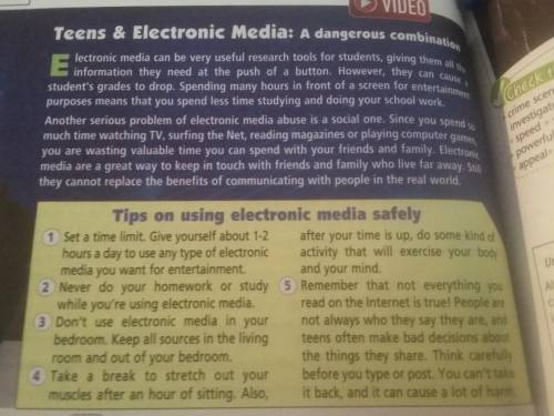 Watch the video, read the text Teens and Electronic Media on p.72 and complete the table: