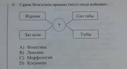 6. Сұрақ белгісінің орнына тиісті сөзді қойыңыз. ЖұрнақСөз табы?Зат есімТүбірА) ФонетикаВ) ЛексикаC)