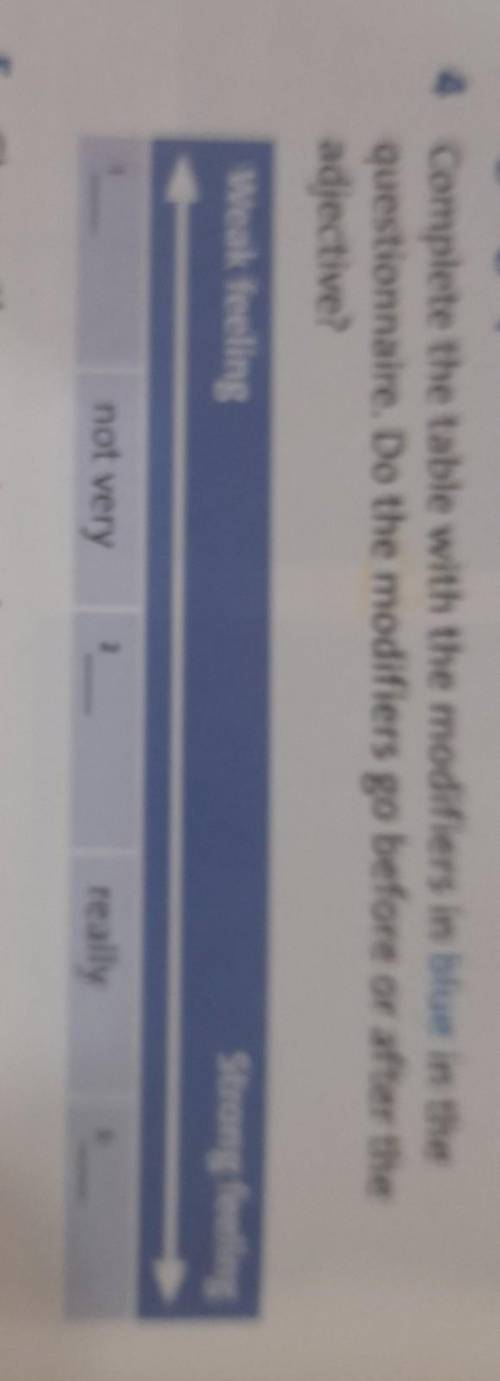 Complete the table with the modifiers in blue in the questionnaire. Do the modifiers go before or af