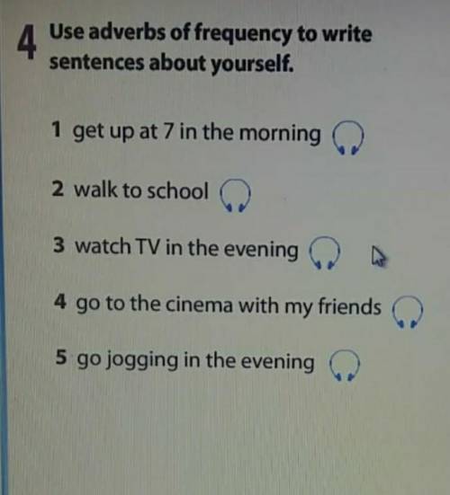 4 Use adverbs of frequency to writesentences about yourself.1 get up at 7 in the morning2 walk to sc