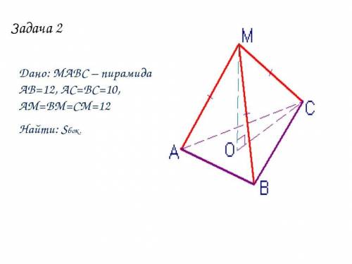 Вроде как 11 классДано:МАВС – пирамидаАВ=12, АС=ВС=10,АМ=ВМ=СМ=12Найти: Sбок.