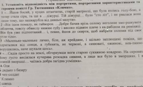 Установіть відповідь між портретами, портретними характеристиками та гуроями повісті Гр. Тютюнник а