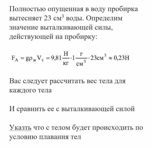 Полностью опущенная в воду пробирка вытесняет 23 см³ воды. Определим значение выталкивающей силы, де