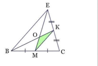 Медианы ВК и ЕМ треугольника ВСЕ пересекаются в точке О. Найти SMOK:SCMK.