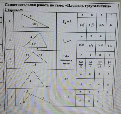 Самостоятельная работа по теме: «Площадь треугольника»1 вариант​