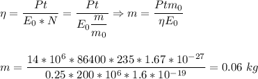 \eta = \dfrac {Pt}{E_0*N}= \dfrac{Pt}{E_0\dfrac{m}{m_0}} \Rightarrow m = \dfrac{Ptm_0}{\eta E_0} \\\\\\m = \dfrac{14*10^6*86400*235*1.67*10^{-27}}{0.25*200*10^{6}*1.6*10^{-19}} = 0.06~kg