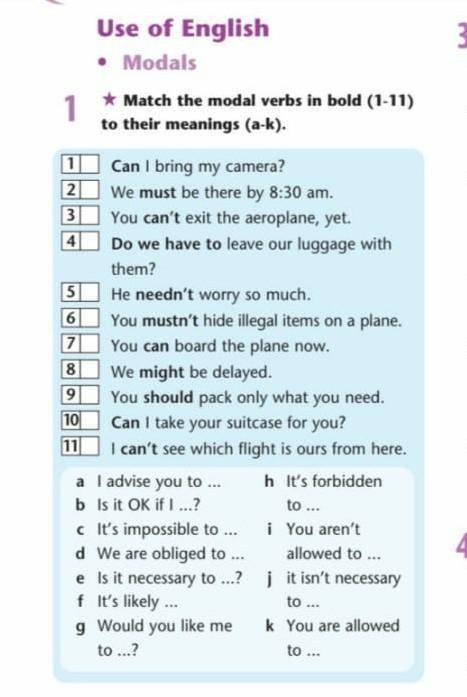 Match the modal verbs in bold (1-11) to their meanings (a-k). 10 Can I bring my camera? 20 We must b