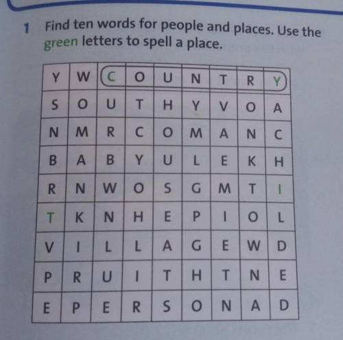 1 Find ten words for people and places. Use the green letters to spell a place.YWCO UNTRYSo OUTHYVoA