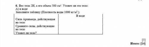 6. Вес тела 2Н, а его объем 500 см3. Утонет ли это тело: А) в воде Заполните таблицу (Плотность воды