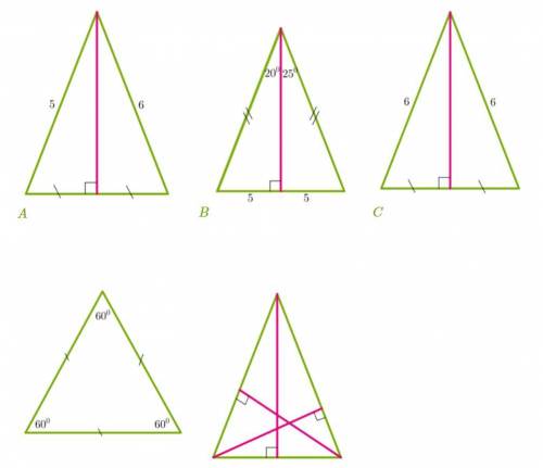Даны рисунки пяти треугольников, на которых дана некоторая информация об углах и отрезках. На которы