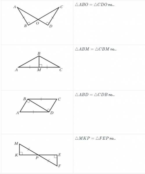 Запиши в таблицу признак,по которому равны треугольники