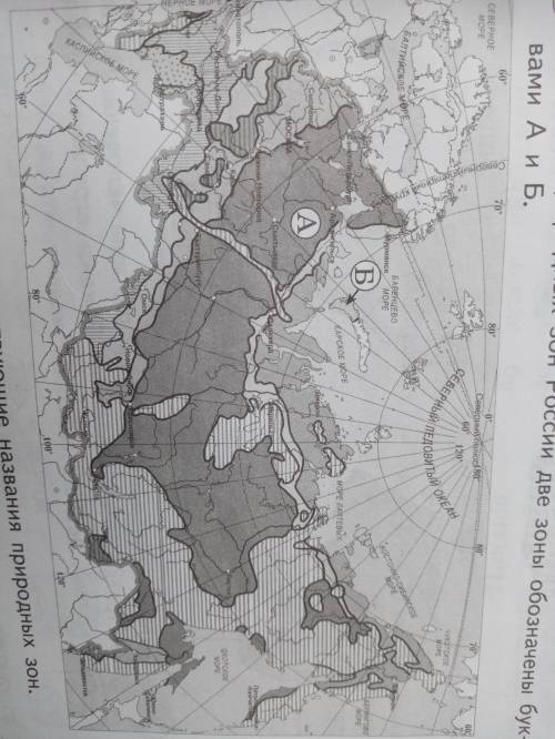 На карте природных зон России две зоны обозначены буквами А и Б. 3.1. Запиши соответствующие названи