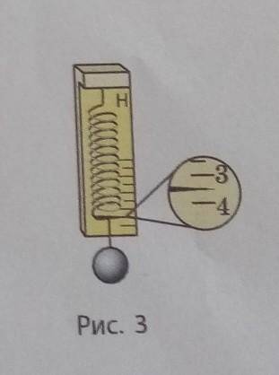 Кулька підвішена до динанометра. Якою є маса кульки?(рис. 3) а) 3,5 гб) 35 гв) 350 гг) 3,5 кг