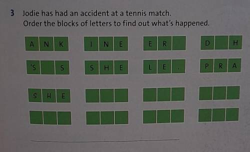 3 Jodie has had an accident at a tennis match. Order the blocks of letters to find out what's happen