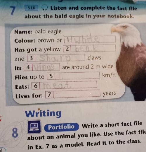 Writing 8Portfolio Write a short fact fileabout an animal you like. Use the fact filein Ex. 7 as a m