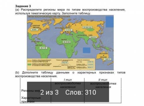 Задание 3 (а) Распределите регионы мира по типам воспроизводства населения, используя тематическую к