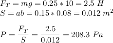 F_T = mg = 0.25*10 = 2.5~H\\S = ab = 0.15*0.08 = 0.012~m^2\\\\P = \dfrac{F_T}{S} = \dfrac {2.5}{0.012} = 208.3~Pa